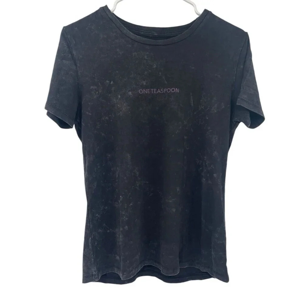 One Teaspoon Washed Black Smiley Logo Fitted Tee Shirt Size XL US 10